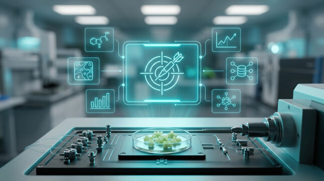 Close-up of a futuristic plant hormonal profiling platform analyzing green callus tissue in a petri dish with a glowing blue holographic data interface in a high-tech laboratory