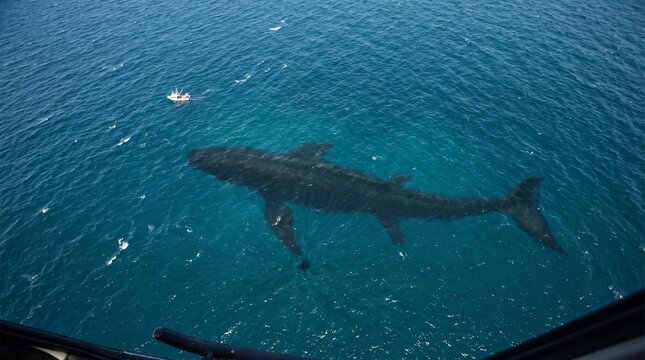 Aerial view of a massive sea monster swimming beneath clear turquoise ocean waters near tiny boats, casting a huge dark shadow below the surface.