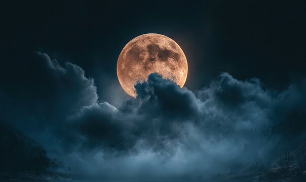 Mysterious dark style moon and cloudscape with dramatic celestial view of large yellow moon hidden behind rolling clouds