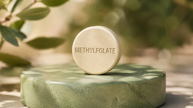A methylfolate tablet rests on a smooth green stone surface. The surrounding area shows soft natural light filtering through nearby plants
