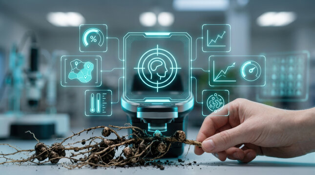 A human hand holds legume root nodules under a futuristic holographic digital interface with data charts and a microscope in a scientific laboratory setting