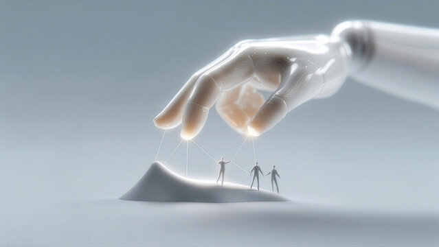 Manipulation and Control Concept with Giant Hand Pulling Strings Over Tiny Human Figures
