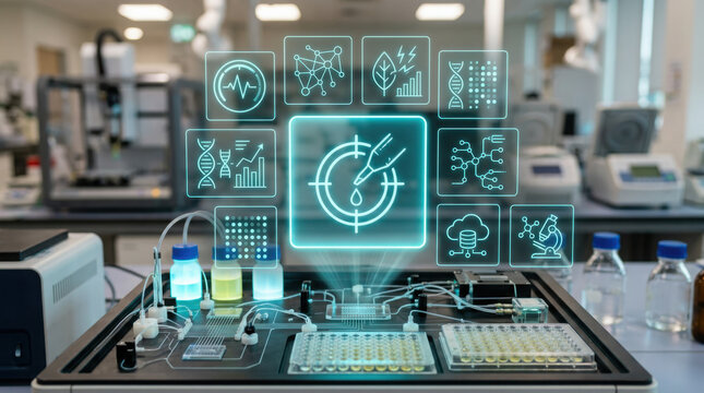 High-angle close-up of a futuristic botanical RNA analysis system featuring a microfluidic device and blue holographic icons representing genetic data in a modern laboratory