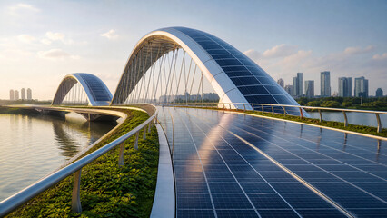 Fototapeta premium Modern solar bridge in city. Futuristic architecture with renewable energy panels.