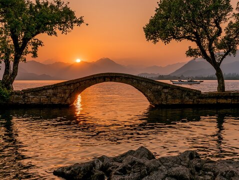Golden sunset contrasting with dark mountain shadows, layered composition of bridge boat and trees in eastern landscape