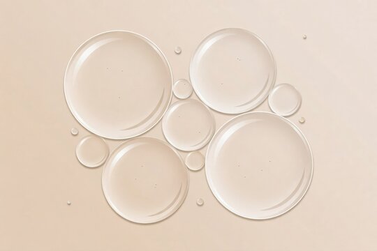 Close up of clear liquid circles and droplets of different sizes arranged on a solid light beige background, with subtle soft shadows