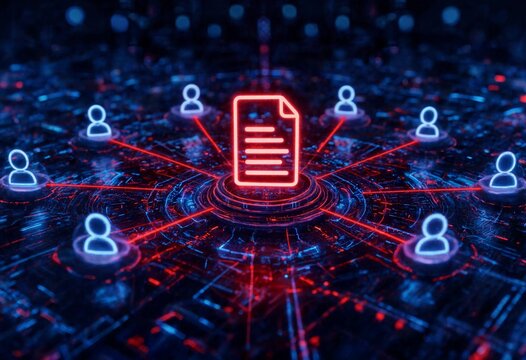 Abstract digital network connecting people around a glowing document, representing business communication, teamwork, collaboration, information sharing, data management, technology, and global connect