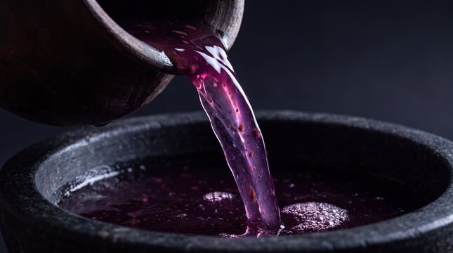 Deep purple falsa sharbat pouring from clay pot into dark stone bowl macro shot