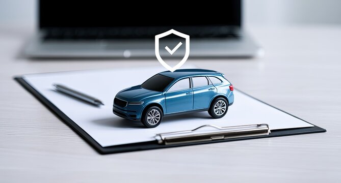 Small blue vehicle on paper, protected by a shield icon