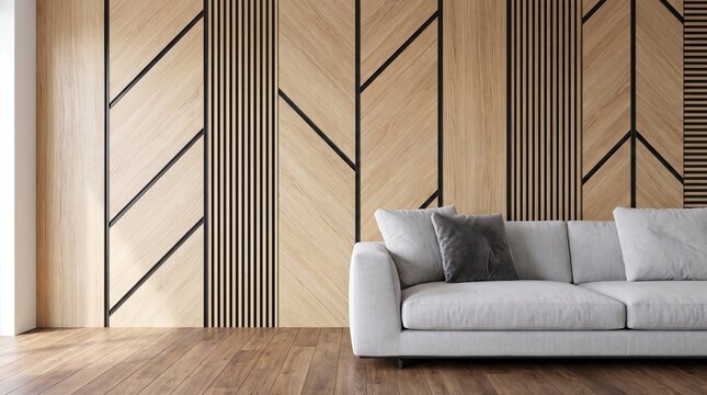 Modern Living Room Interior with Geometric Wood Slat Accent Wall Panel and Minimalist Grey Sofa