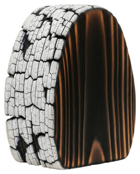 Charred burnt wood block with carbonized texture isolated on transparent