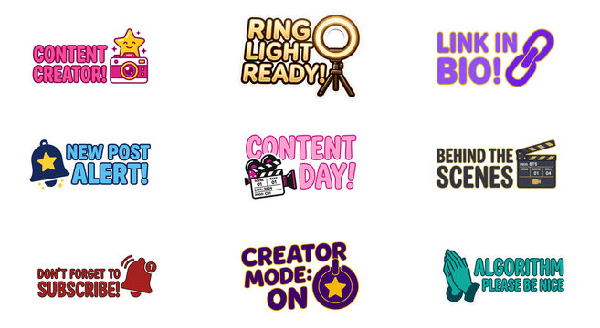 Content creator and influencer sticker pack clipart set, png cut out illustrations