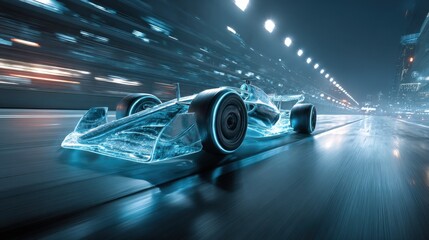 Fototapeta premium Formula one race car speeding on a city street digitally rendered with glowing blue accents
