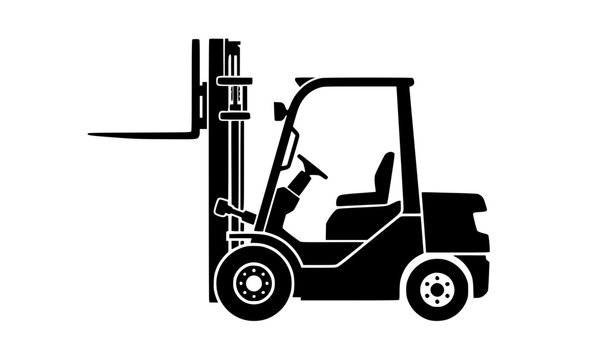 Black forklift truck silhouette with raised forks and visible wheels isolated on white background
