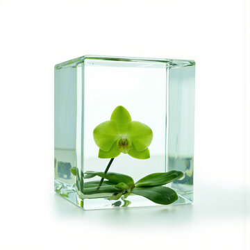 Floating water cube. A transparent acrylic cube vase filled to the brim with water holds a submerged green orchid (Cymbidium