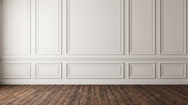 Classic White Boiserie Wall Molding Panel Mockup in Empty Room with Dark Rustic Wooden Floor