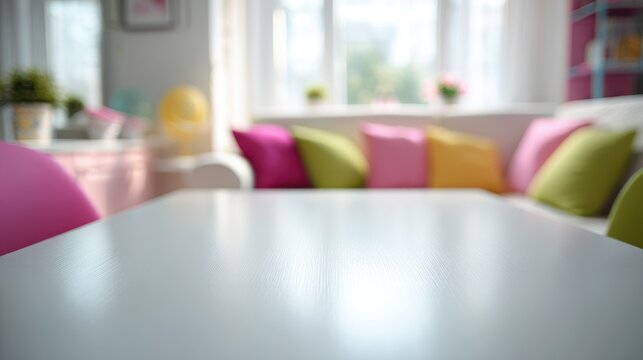 White table surface with blurred living room background showcasing a bright and airy interior furniture
