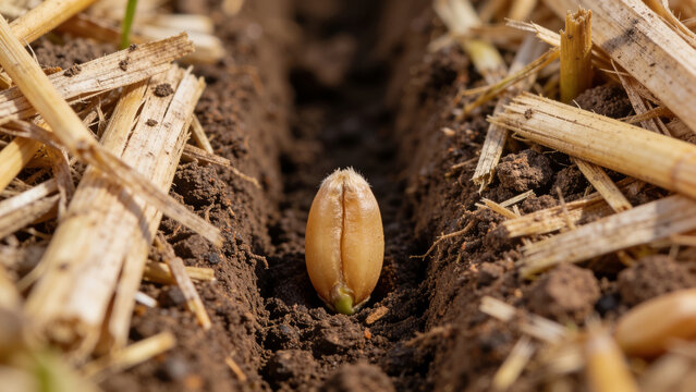 Seeds germinate in a no-till field covered with straw in regenerative agriculture practice