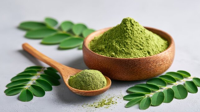 Moringa Powder And Leaves Composition Natural Green Food Photography Still Life oleifera drumstick tree ben