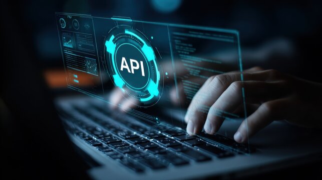 Api interface graphic displayed above a laptop keyboard a digital technology concept illustration application programming