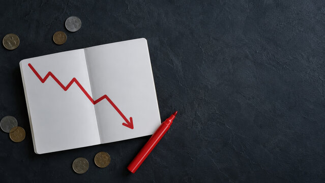Conceptual image of economic downturn and financial crisis, with a red declining arrow drawn on a notebook amidst scattered coins, symbolizing market collapse and monetary loss