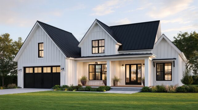 Modern farmhouse with black roof and white board and batten siding exterior architectural photograph architecture