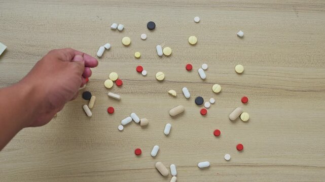 Hand picks up multiple colorful pills from wooden table for showcasing accidental medication overdose