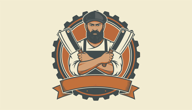 Classic butchery logo featuring a bearded man in a flat cap holding two cleavers inside a gear shaped frame.