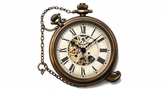 Vintage Brass Pocket Watch with Chain and Visible Mechanics