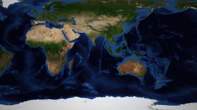 Animated World Map Flight Route from Madrid Spain to Auckland New Zealand