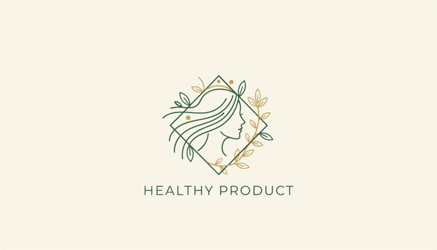 Minimalist logo for a healthy product brand shows a woman's profile framed by delicate leaves and a diamond shape on a cream background.