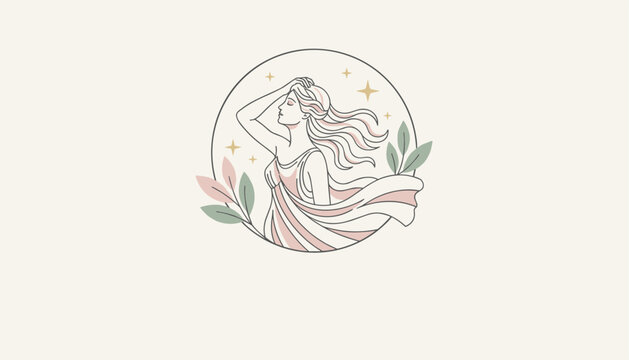 Ethereal illustration of a long-haired goddess or nymph surrounded by leaves and stars inside a circular frame with soft colors.
