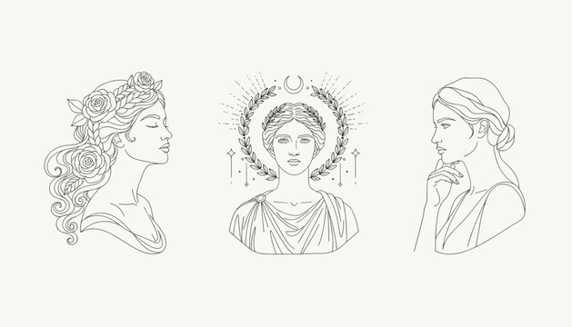 Trio of elegant Greek goddesses or muses shown in different poses and hair styles with laurel wreaths and celestial symbols.