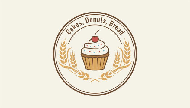 Vintage style bakery logo featuring a central cupcake with a cherry and sprinkles surrounded by wheat stalks and text.