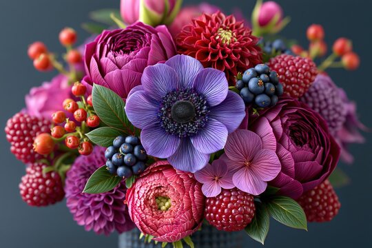 Purple flower bouquet with fresh berries and botanical floral arrangement