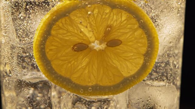 Lemon slice submerged in sparkling water with ice cubes, bubbles rising, showcasing refreshing drink in clear glass against dark background