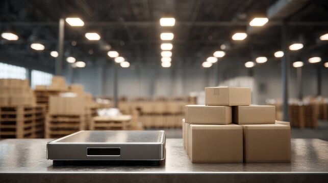 Digital scale and stacked cardboard boxes in a warehouse setting a photorealistic composition weighing shipping