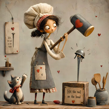 Visual metaphors Hit The Nail On The Head funny illustration saying idiom