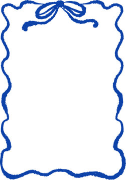Coquette doodle frame in blue ink style. Retro whimsical line art border. Cute curly frame. Template, card, poster, banner concept. Vector crayon isolated illustration