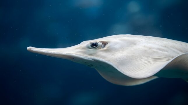 A close up side view of a white shovel nose ray fish swimming gracefully in the deep blue water of a large aquarium