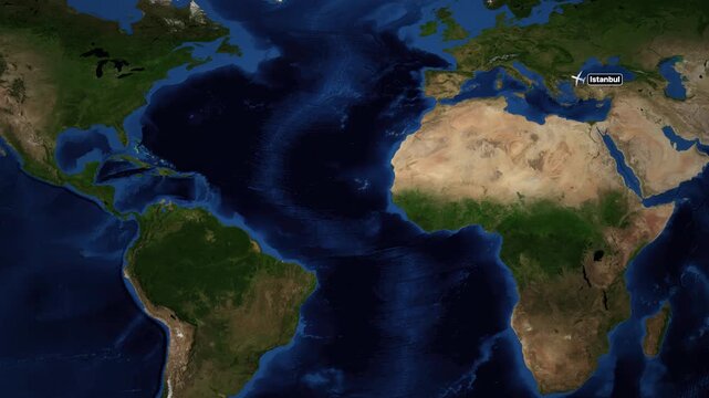 Animated Flight Route Map from Istanbul to Miami Across the Atlantic
