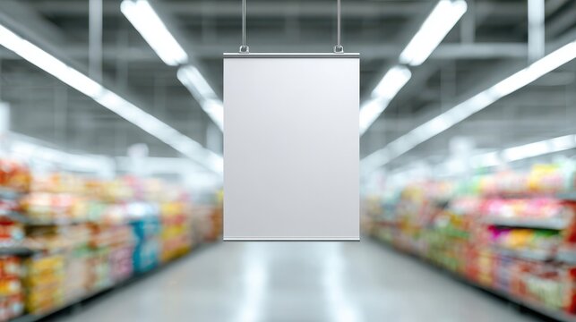Blank vertical sign hanging in a supermarket aisle realistic photo with blurred shelves signage poster
