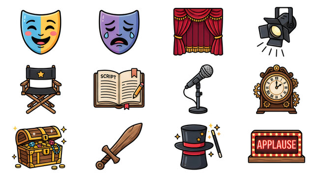 Set of colorful theater and drama performance icons including masks, curtains, microphone, director chair, script book, treasure chest, sword, magic hat and applause sign for stage production