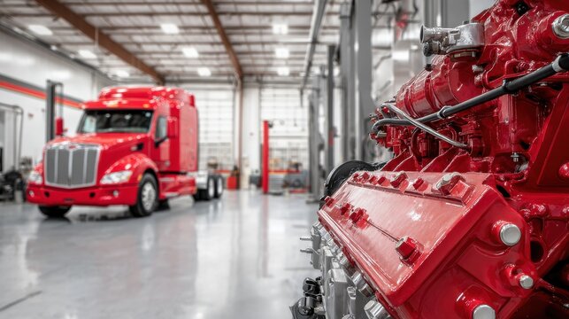 Red truck engine and semi truck in a brightly lit automotive service garage detailed photograph