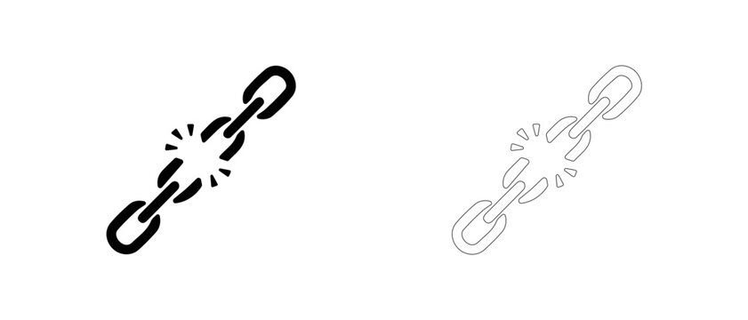 Broken chain link vector icon filled and outline, release from attachment and freedom symbol.