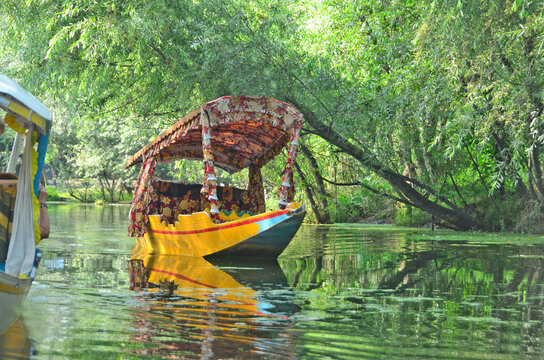 Kasmir with Dal freshwater lake in the city of Srinagar with Houseboats and shikaras on the lake, India