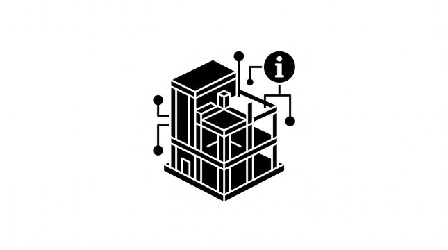 Building construction model displays an information symbol highlighting technical documentation and facility management data.
