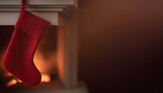 Empty Christmas Stocking Hanging by Fireplace