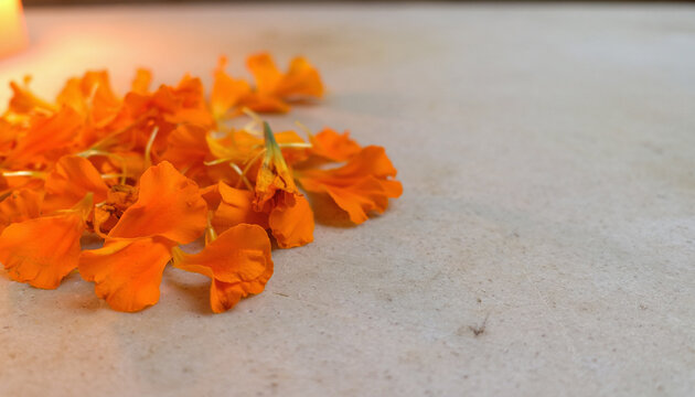Fallen Marigold Petals on Stone Altar Surface