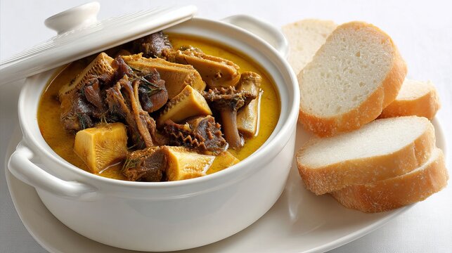 Traditional hearty beef tripe stew served in a white ceramic pot with sliced crusty baguette pieces for a delicious meal